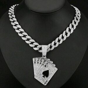 Men's Stainless Steel Silver Hip Hop Sparkly Card Pendant & Cuban Link Chain 18"